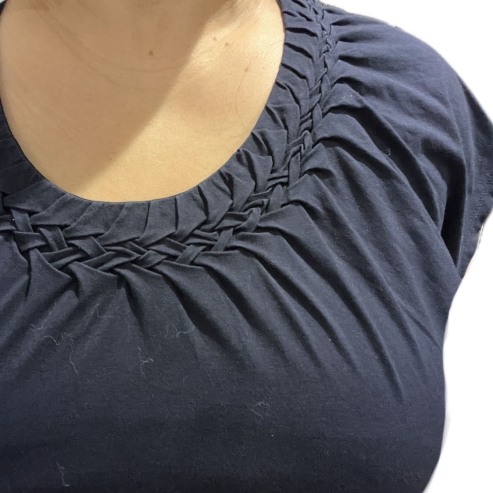 BOSS Hugo Boss Braided Neck Line Navy Blue Short Sleeve Top Shirt Blouse Stretch
